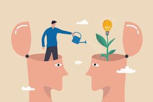 Teaching and learning to develop new skill or wisdom, inspiration or advice to achieve success, growth mindset or knowledge transfer concept, cheerful man from teacher head watering student seedling. vector