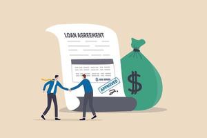 Loan agreement borrow money from bank, mortgage, debt or obligation to pay back interest rate, personal loan or financial support concept, businessman shaking hand with loan agreement and money bag. vector