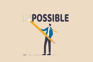 Make it possible, erase im word from impossible and believe we can do it, challenge or hope to overcome difficulty and achieve success concept, businessman using eraser to delete im from impossible. vector