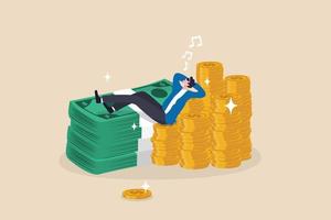 Rich man with his wealth, success businessman earn investment profit, FIRE, financial independence retire early concept, rich happy businessman lay down singing on pile of money coins and banknotes. vector