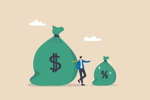 Commission payment, interest rate for loan payment or investment profit percentage, incentive to reward or motivate concept, businessman salesperson standing with money bag and commission portion. vector