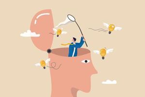 New creative idea thinking process, contemplation or ideation for solution or innovation, development or learn skills concept, businessman open his head to using butterfly net to cat light bulb idea. vector