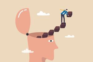 Personal development or personal growth, self improvement to develop mindset, knowledge or skill to achieve success, motivation or advancement concept, businessman build growing stair from his head. vector