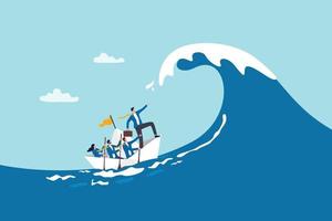 Courage and leadership to win business success, teamwork to help survive crisis, challenge or risk taker concept, businessman captain point finger to lead team sailing boat to survive big wave storm. vector