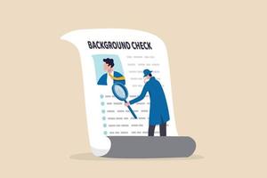 Background check for employment or recruitment, criminal or drug check on candidate or employee, work experience or career history concept, detective with magnifier checking on candidate document.