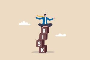 Risk management, control or assess to lose money in investing, process or preparation for safety or secure earning and loss concept, businessman investor calmly meditate on stack with the word RISK. vector