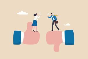 Conflict and argument between colleagues, controversy or difference opinion, disagree, confrontation or rivalry fighting concept, businessman and woman furious arguing on difference thumb up and down. vector