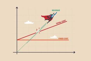 punto de equilibrio, los ingresos del plan de estrategia empresarial crecen hasta el punto de equilibrio y los negocios obtienen ganancias, el concepto de crecimiento de la empresa de éxito, el superhéroe de negocios vuela como ingresos en el diagrama de equilibrio. vector