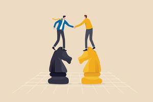 Negotiation skill to deal with competitor, agreement or partnership decision, collaboration strategy to success together concept, businessman leader shaking hand on knight chess metaphor of agreement. vector