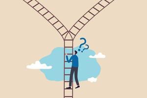 Decision making, choosing choices, options or way, which direction to be success or decide path to achieve target concept, confused businessman climb up ladder and found crossroad to make decision. vector