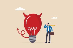 Bad idea cause problem and failure, stupid mistake or poor idea, disappointment from rejected, evil and negative opinion concept, confused businessman looking at devil lightbulb doubting it bad idea. vector