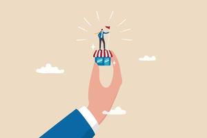 Small business idea, successful entrepreneur with small retail shop or storefront, shop owner or merchandise opportunity concept, success businessman holding winner flag on small store in giant hand. vector
