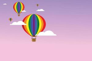 Hot air balloon paper cut out style with clouds vector illustration. Colored symbols balloons set LGBTQ Pride flag colors with copy space