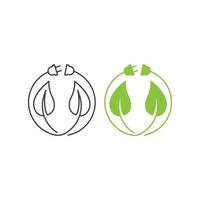 Green eco energy, leaf with electric plug, charge. Vector outline icon template