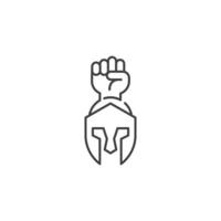 Gladiator power, spartan helmet with raised hand fist. Vector logo icon template