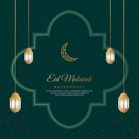 Eid Mubarak Islamic Arabic Green Luxury Background with Geometric pattern and Beautiful Ornamental Lanterns vector