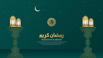 Ramadan Kareem Islamic Arabic Green Luxury Background with Geometric pattern and Beautiful Ornament with Lanterns vector