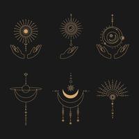 Set of moon and sun line art. Minimal boho linear symbols. Celestial mystic element. Vector line art illustration.