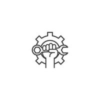 Mechanic gear, labour day, hand holding wrench. Vector icon logo template