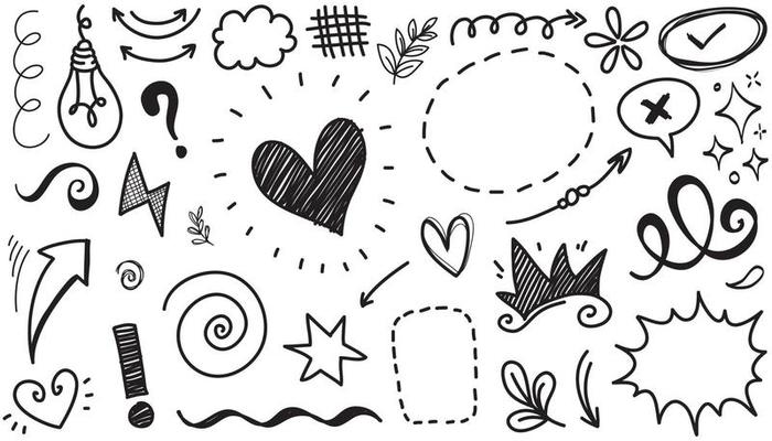 Abstract arrows, ribbons, crowns, hearts, explosions and other elements in hand drawn style for concept design. Doodle illustration. Vector template for decoration