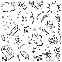 Hand drawn set elements, Abstract arrows, ribbons, hearts, stars, crowns and other elements in a hand drawn style for concept designs. Scribble illustration. Vector illustration.