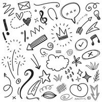 Hand drawn set elements, Abstract arrows, ribbons, hearts, stars, crowns and other elements in a hand drawn style for concept designs. Scribble illustration. Vector illustration.