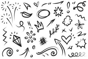 Hand drawn set elements, Abstract arrows, ribbons, hearts, stars, crowns and other elements in a hand drawn style for concept designs. Scribble illustration. Vector illustration.