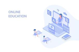 Online education and e-learning. Children stay home and studying online with video conference during covid-19 coronavirus outbreak vector illustration. New normal global education vector illustration