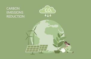 concepto de reducción de emisiones de carbono co2. energía verde, ecología ambiental preservación del aire puro vector