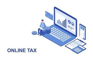 Online tax filing concept, businessman filling tax form documents online vector illustration