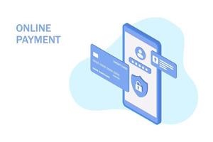 transacción de seguridad de pago en línea con tarjeta de crédito en el teléfono inteligente. Ilustración de vector de concepto de protección de datos y seguridad financiera