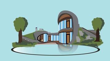 Modern house with swimming pool on hill with grass and blue sky vector