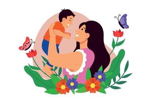 mother's day with her child in her arms on a flower bed vector