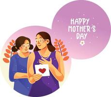 madre e hija junto con un corazón en sus manos con un fondo de flores vector