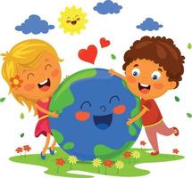 día de reciclaje niños felices jugando con el planeta tierra sobre un fondo de flores y nubes vector