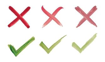 conjunto de marca de verificación verde acuarela y cruz roja aislada sobre fondo blanco. sí y no icono. ilustración vectorial