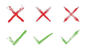 conjunto de mano dibujar marca de verificación verde y cruz roja aislado sobre fondo blanco. sí y no icono. ilustración vectorial