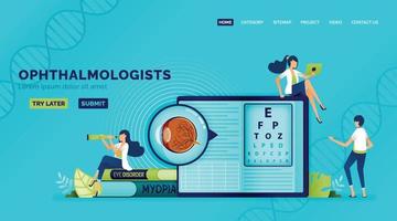 ilustración de salud óptica de estudiantes de oftalmología leen y entienden cómo diagnosticar trastornos oculares con snellen. se puede utilizar para la página de destino, la web, el sitio web, el afiche, las aplicaciones móviles, el folleto, los anuncios vector