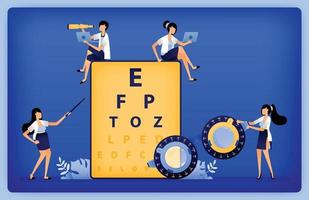 Optical health illustration of Optometrists use Snellen and trial frames to measure patients myopia disorder. Can be used to landing page, web, website, poster, mobile apps, brochure, ads, flyer, card vector