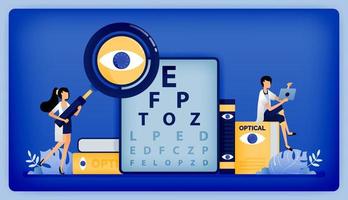 Optical health illustration of ophthalmologists seek best treatment from patients with eye disorders tested with Snellen. Can be used to landing page, web, website, poster, mobile apps, flyer, card vector