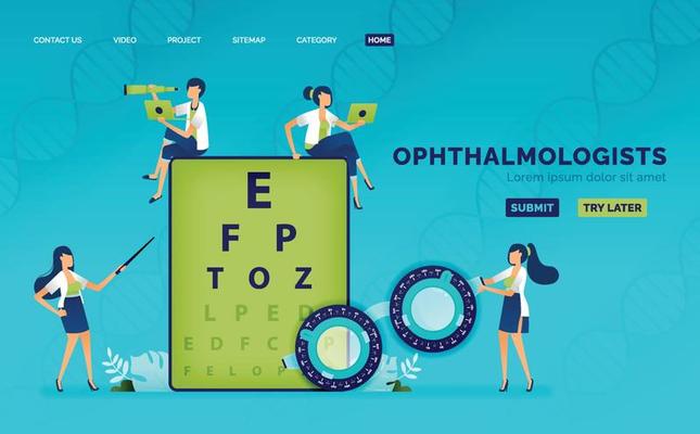 Optical health illustration of Optometrists use Snellen and trial frames to measure patients myopia disorder. Can be used to landing page, web, website, poster, mobile apps, brochure, ads, flyer, card