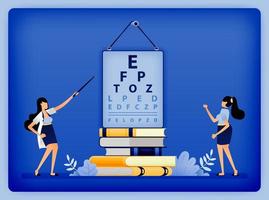 Optical health illustration of girl trying to read Snellen to find out disorder eye disease they suffer from. Can be used to landing page, web, website, poster, mobile apps, brochure, ads, flyer, card vector