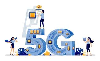 diseño ilustrativo de 5g con cables de red óptica que rodean y se unen para formar una red. el vector se puede utilizar para web, sitio web, afiche, aplicaciones móviles, anuncios de folletos, volante, tarjeta de visita