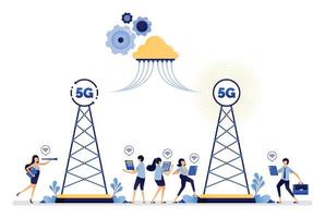 El diseño ilustrativo de la torre de comunicación instalada en el sistema de Internet 5g se comunica más fácilmente con la nube y la red inalámbrica. el vector se puede utilizar para la web, el sitio web, el afiche, las aplicaciones móviles, los anuncios, el volante