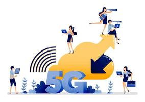 diseño de ilustración de Internet 5g que se comunica con la nube para facilitar el acceso de carga y descarga. el vector se puede utilizar para la página de destino, la web, el sitio web, el afiche, las aplicaciones móviles, los anuncios, el volante, el negocio