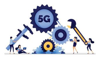 diseño de ilustración de reparación y mantenimiento de red 5g para un acceso a la red más rápido y mejor. el vector se puede utilizar para la página de destino, la web, el sitio web, el afiche, las aplicaciones móviles, los anuncios de folletos, el volante, la tarjeta de visita