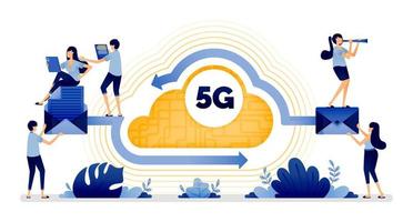 Illustration design of 5g makes email communication easier with cloud networks that integrate with cloud. Vector can be used to web, website, poster, mobile apps, brochure ads, flyer, business card