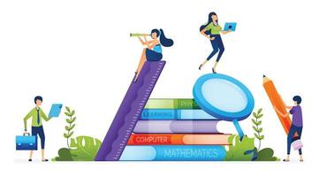 Education illustration of students are around piles of books and stationery to research and learn knowledge in school environment. Landing page, web, website, banner, ads, card, apps, brochure, flyer vector