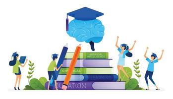 Education illustration of graduating students surround piles of books and brains wearing graduation gowns to legitimize knowledge. Landing page, web, website, banner, ads, card, apps, brochure, flyer vector