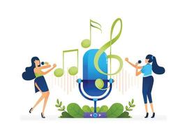 Vector illustration of Two women singing or karaoke in front of a giant recording microphone. Can be used to landing page, web, website, poster, mobile apps, brochure, ads, flyer, card